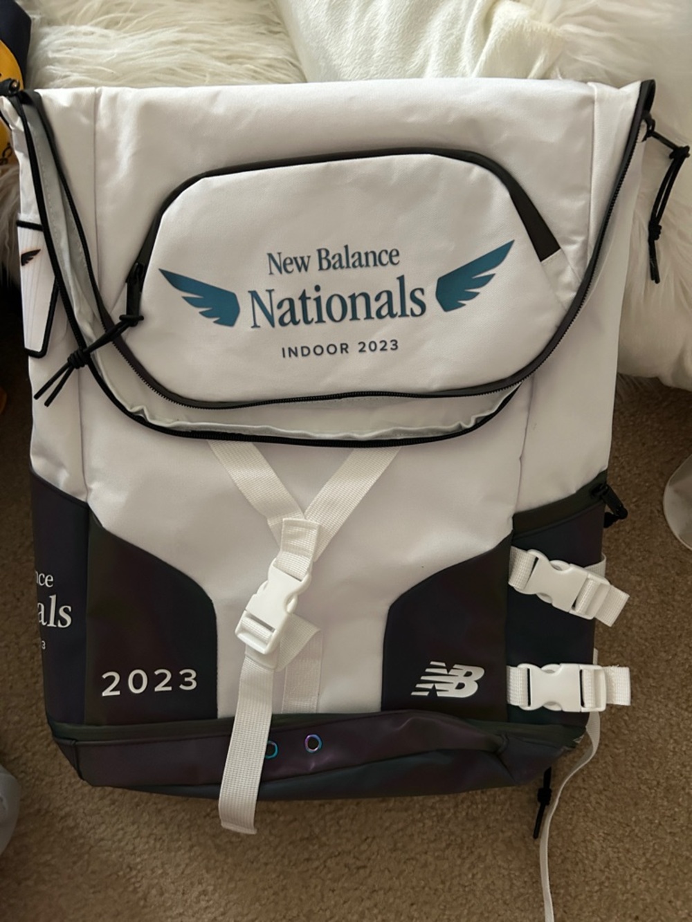 New Balance Nationals White and Black Roll-Top Backpack